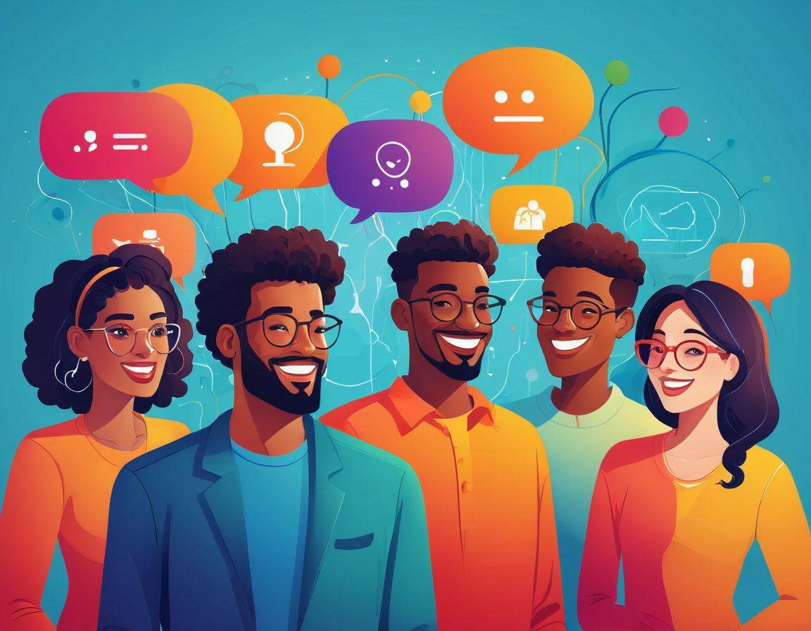 A vibrant illustration showing a diverse group of people engaging in an interactive online platform, exchanging ideas and smiling, with colorful speech bubbles and icons symbolizing digital connections. The background features a network web of nodes and connections representing relationships. This scene should reflect positivity and collaboration. cartoon style. bright colors.