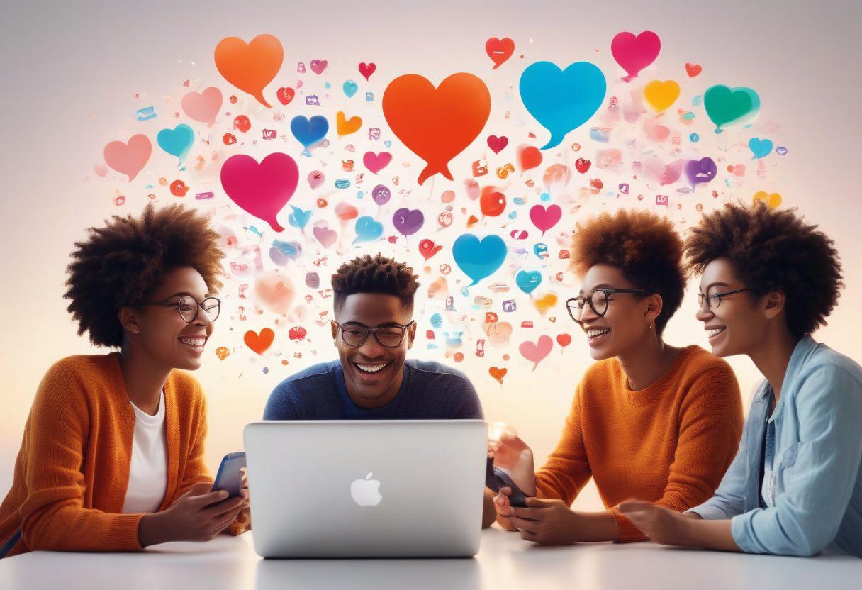 A vibrant digital landscape featuring diverse individuals joyfully communicating through various devices, such as smartphones and laptops. The scene is filled with colorful speech bubbles that symbolize positive messages and connections. Incorporate elements of technology, like glowing social media icons and digital hearts, that create a sense of unity and joy. Soft, warm lighting enhances the uplifting atmosphere. super-realistic. vibrant colors. white background.