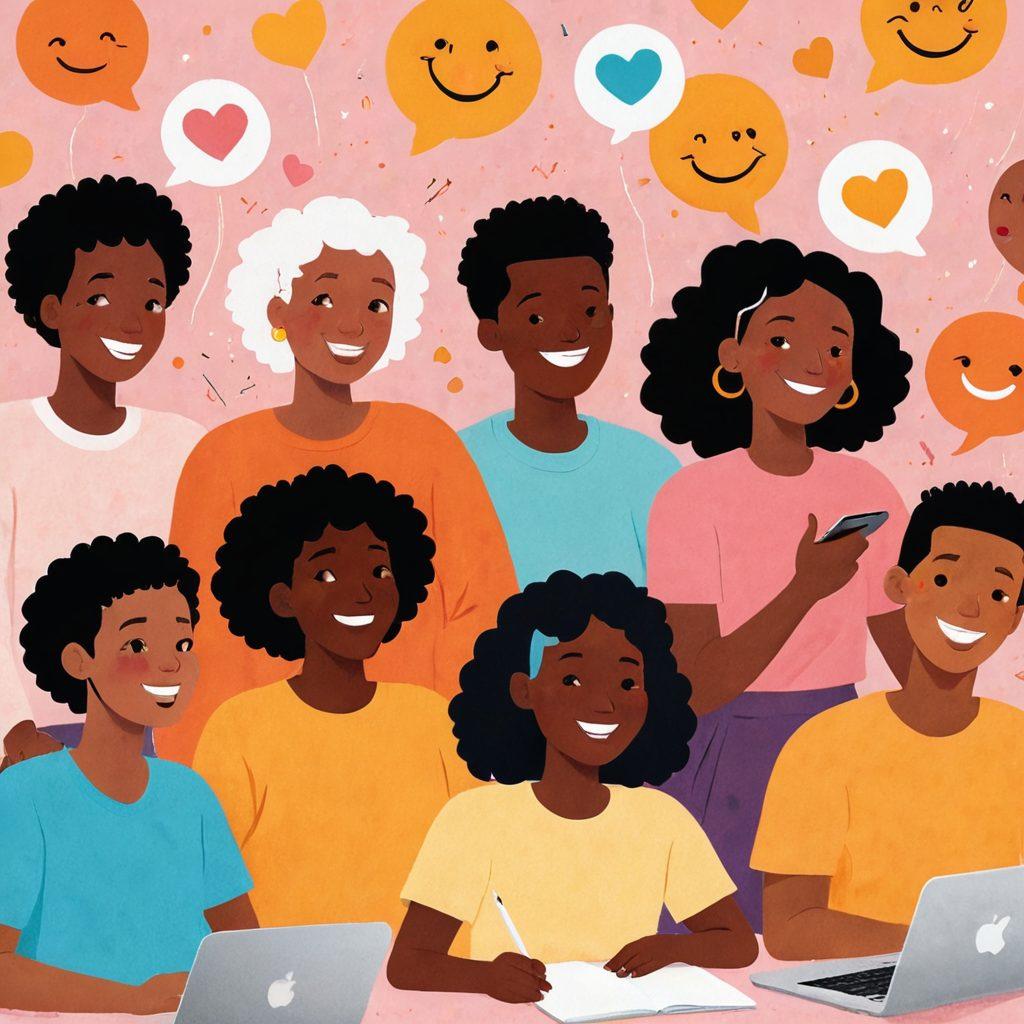 A vibrant digital illustration showcasing diverse individuals engaging in friendly conversations in a cozy online community setting. Each person is depicted with unique expressions of joy and understanding, surrounded by symbols of communication like speech bubbles, emojis, and heart icons. The background includes a warm color palette, emphasizing a welcoming and inclusive atmosphere. super-realistic. vibrant colors.